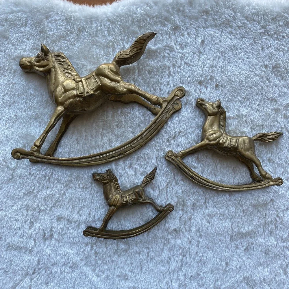 Trio Of Vintage Mid Century Solid Brass Rocking Horses Holiday Decor - Picture 2 of 15